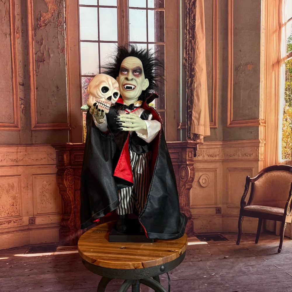 Vintage Vampire Dracula Motionette Skull and Black Cape Tall Rare Halloween
